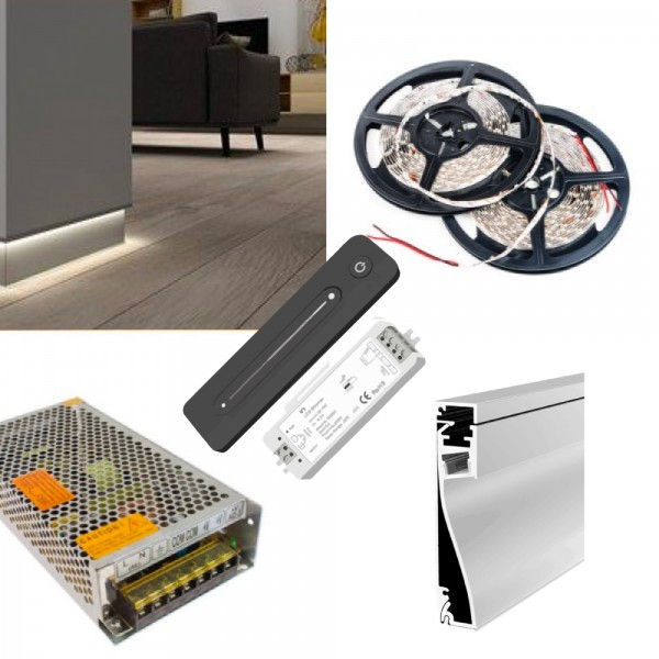 LED Skirting Board Perimeter Strip Kit - LED Profile Strip Complete Kit - Includes LED Strip Tape, LED Profile, Driver + Optional Remote Dimmer or Wall Plate Dimming Switch, 5m Cable SMD3528 24V - Single Colour IP21